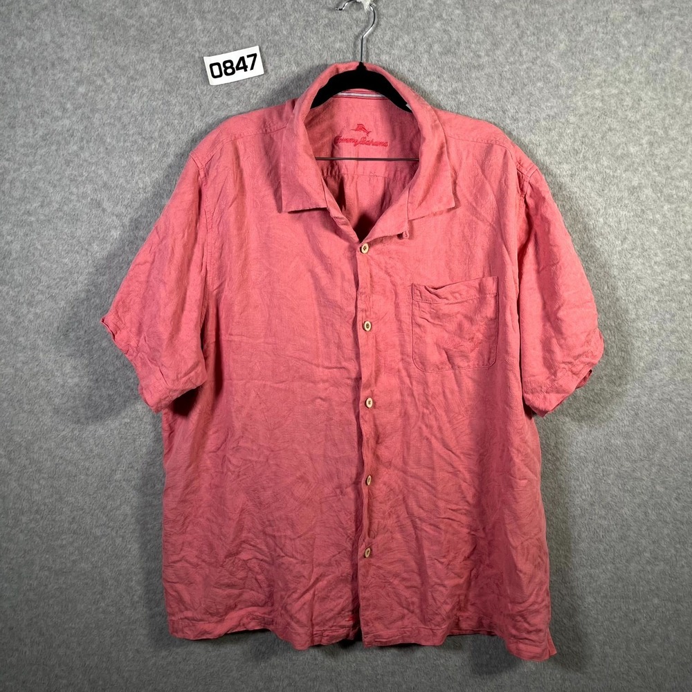 Tommy Bahama Shirt Mens 2XL Pink Silk Pockets Short Sleeve Casual Button Up